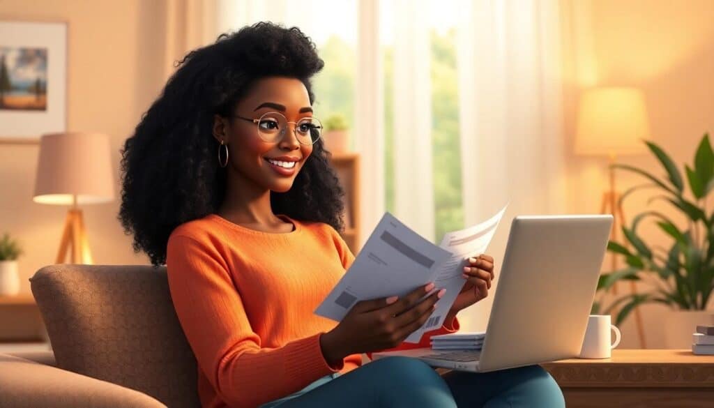 A woman with curly hair and glasses sits on a couch, smiling at documents in her hands, with an open laptop beside her in a well-lit room, reflecting her journey towards financial wellness.