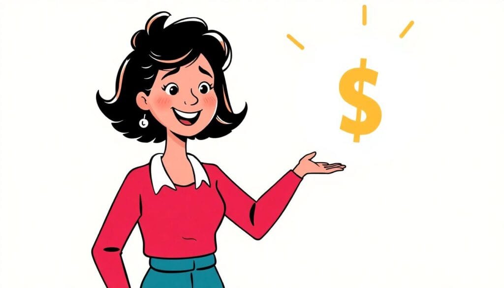 An illustration of a woman in a red top, smiling and gesturing toward a glowing dollar sign with one hand, embodying the spirit of saving smart.