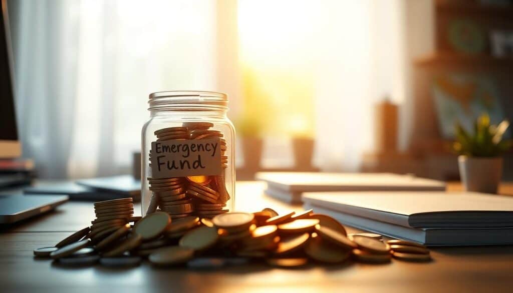 A glass jar labeled "Emergency Fund" brims with coins, symbolizing financial wellness. It is surrounded by a sea of coins on a desk, accompanied by notebooks and bathed in the gentle glow of sunlight streaming through the window.