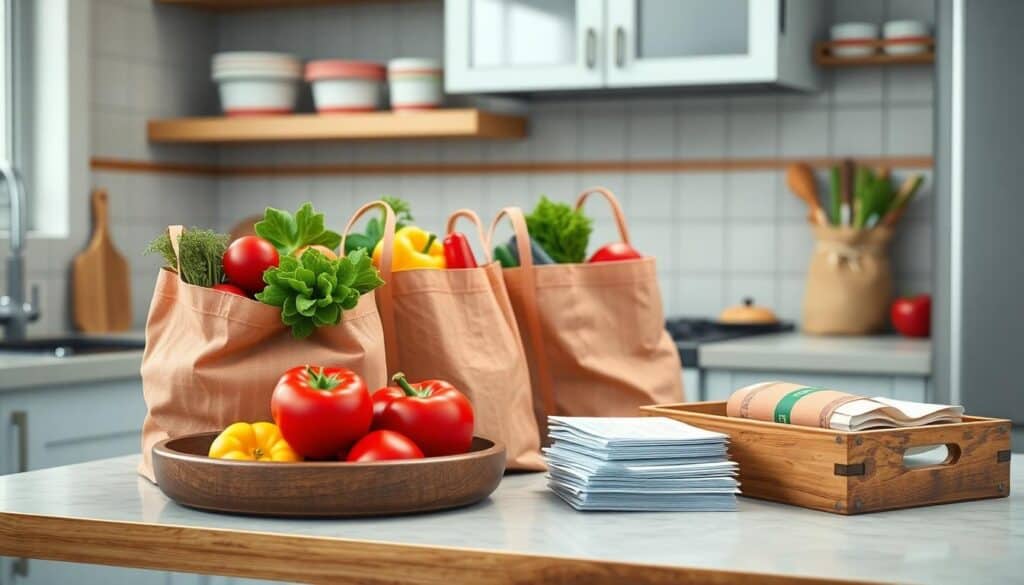 Reusable bags filled with vegetables, a wooden bowl with tomatoes, and a stack of napkins sit on the kitchen counter—a testament to mindful self-care on a budget.