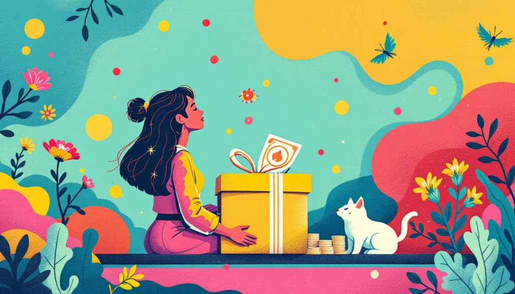 Illustration of a woman sitting beside a large gift box, surrounded by flowers, coins, a cat, and butterflies, on a vibrant multicolored background.