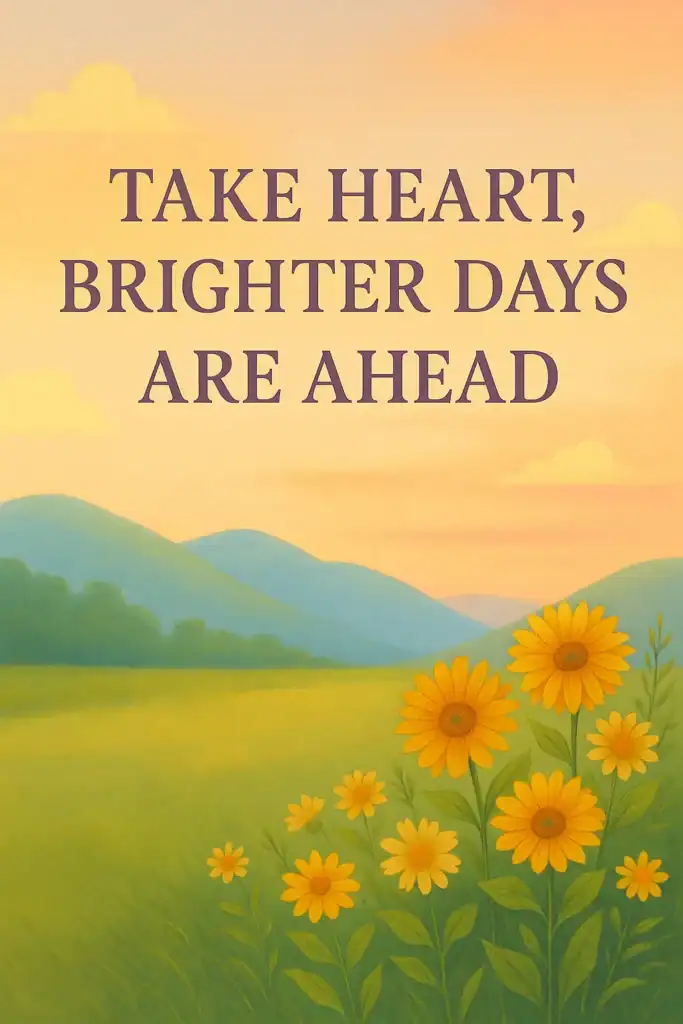 Yellow flowers in a green field with hills and a sunset in the background. Text reads: "Missing my dad, but take heart—brighter days are ahead.
