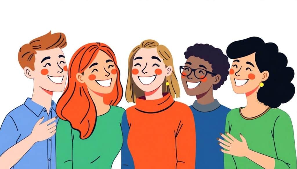 Illustration of five smiling people in colorful clothing standing together, with two on the left and three on the right, all looking cheerful, embodying the spirit of saving smart for a brighter future.