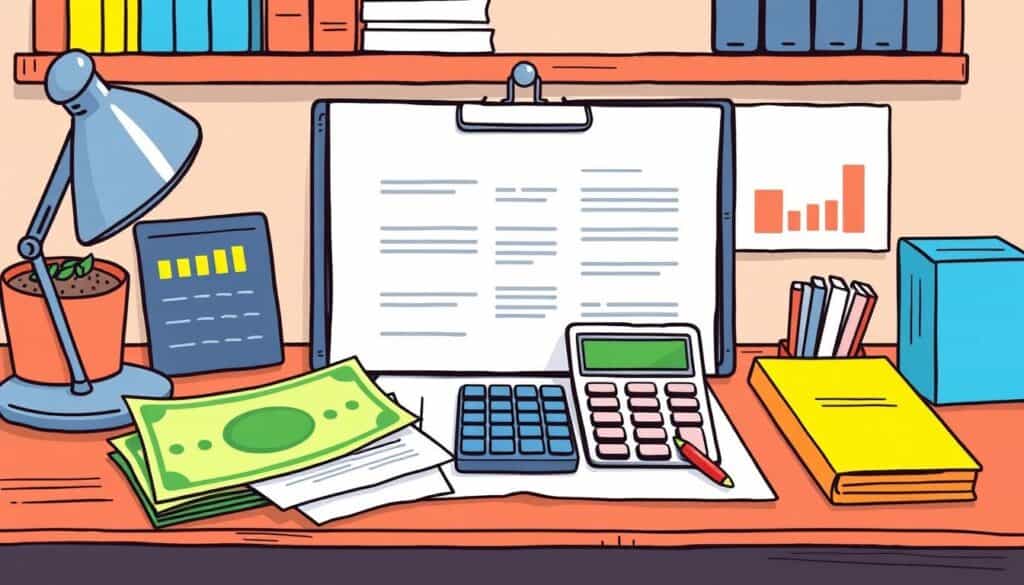 Illustration of an organized desk set for budgeting your hobbies, featuring a lamp, clipboard, calculator, money, pen, books, and graph. Shelves above boast more books and a small plant.