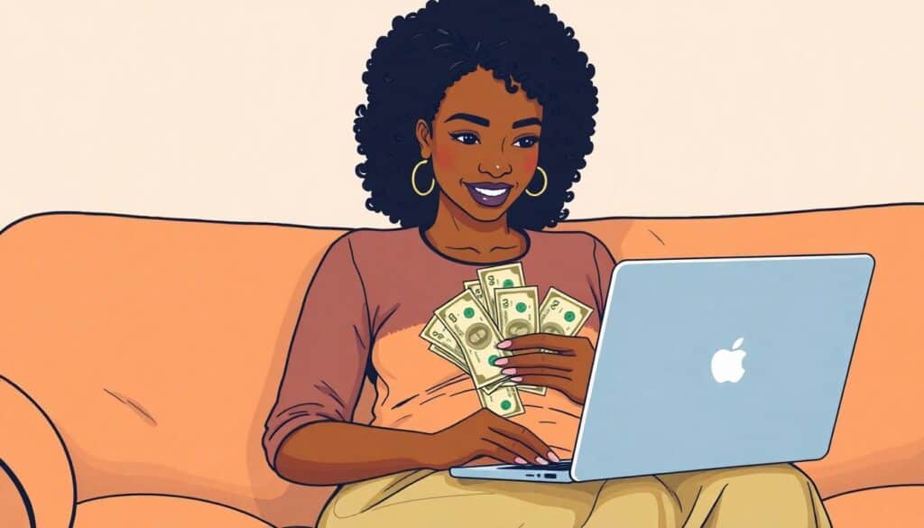 A woman sitting on a couch uses her laptop while holding multiple dollar bills, budgeting for her hobbies with precision and ease.