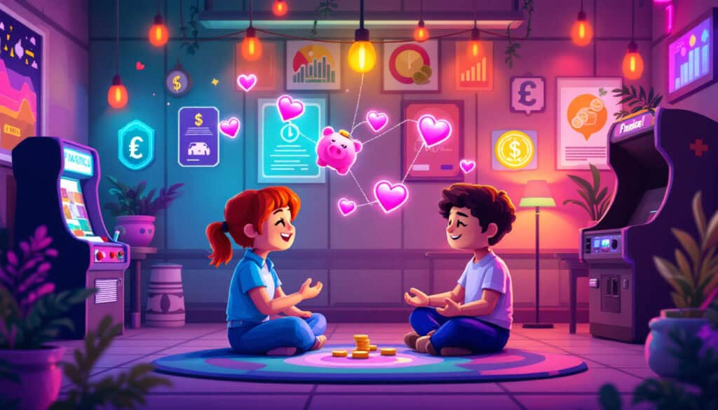 Two people sit cross-legged, smiling, as glowing financial symbols and charts surround them. Embracing financial wellness and self-care, they meditate with a floating pink piggy bank between them, emitting heart shapes.