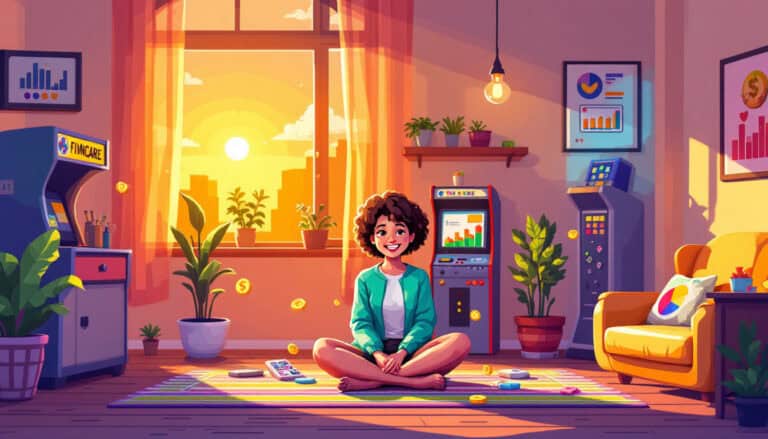 A person sits cross-legged on a rug in a room filled with arcade machines, plants, and charts. Sunlight streams through the window, illuminating coins and a calculator around them—a perfect setting for blending financial wellness and self-care harmoniously.