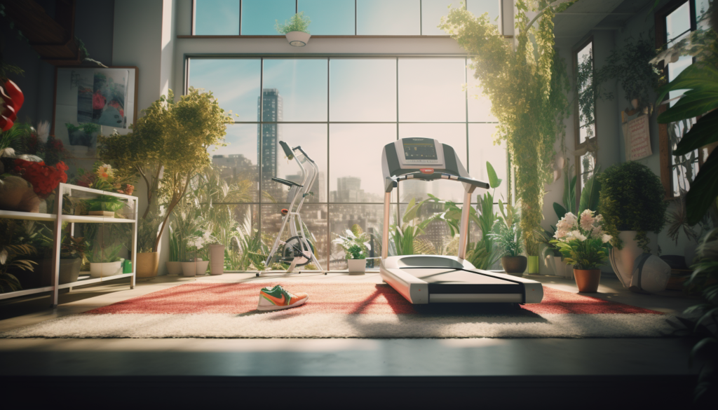 A gym room with a treadmill and plants.