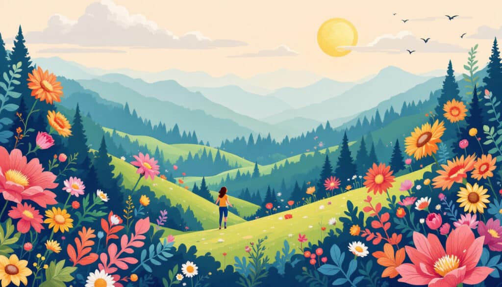 A person stands in a vibrant field with colorful flowers, overlooking rolling green hills, pine trees, and distant mountains under a sunny sky with birds flying.