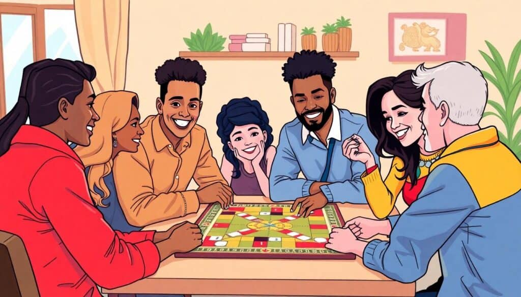 Illustration of six diverse people sitting around a table, budget-friendly board game in hand. They're smiling and interacting in a cozy room adorned with plants and a decorative wall hanging, proving you don't need to spend much to enjoy your hobbies.