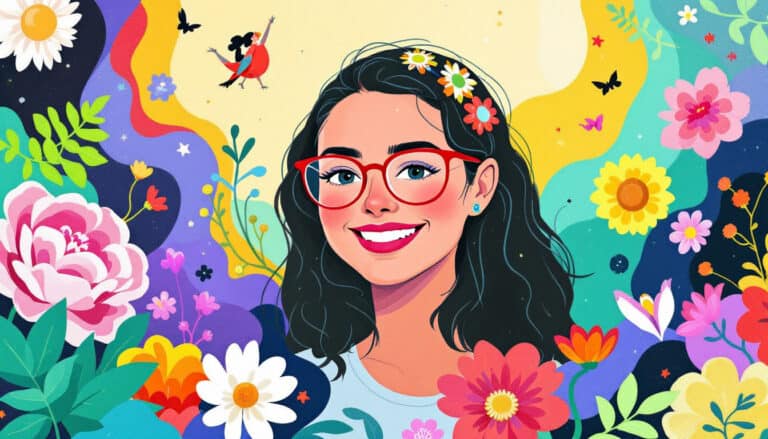 Illustration of a smiling person with glasses, surrounded by colorful flowers and butterflies, set against a vibrant abstract background—truly a fun scene that feels like an artistic fund for happiness and creativity.