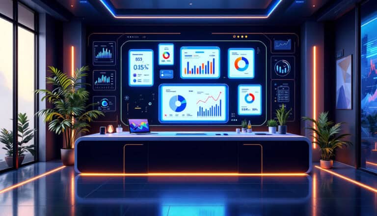 A modern office with a large digital screen highlighting data charts and graphs, pinpointing budgeting mistakes. The room features sleek decor, LED lighting, and potted plants.