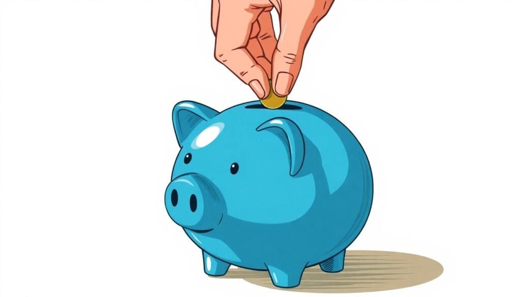 A hand smartly places a coin into a blue piggy bank against a plain background, emphasizing the art of saving.