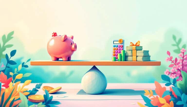 A pink piggy bank balances on one end of a wooden beam with a stack of cash, a calculator, and coins on the other, symbolizing the zero-based budgeting approach. The scene is surrounded by colorful flowers and leaves.