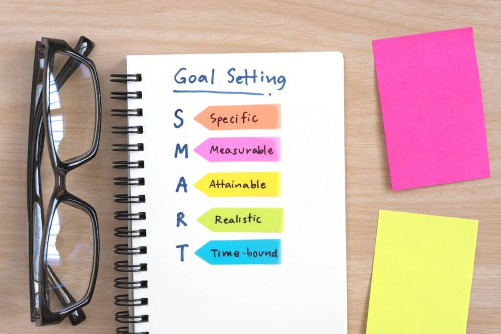 Notebook featuring "Goal Setting" and the SMART acronym—Specific, Measurable, Attainable, Realistic, and Time-bound—on colorful tabs. Glasses, sticky notes filled with journal prompts are nearby to spark insightful reflections.