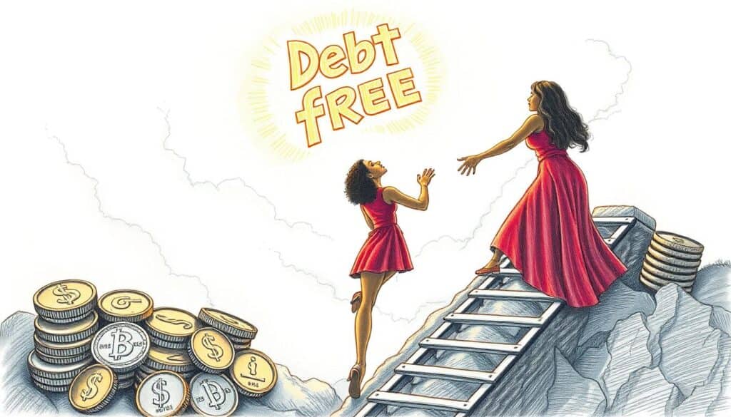 Two women in red dresses climb a ladder towards "Debt Free" in the sky, navigating through coins and cliffs, supported by the pillars of financial well-being.