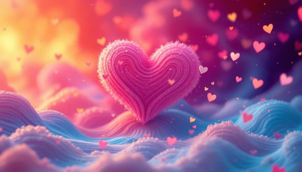 A textured pink heart stands on blue and pink waves, surrounded by small floating hearts with a warm, colorful background—perfect inspiration for confidence building activities.