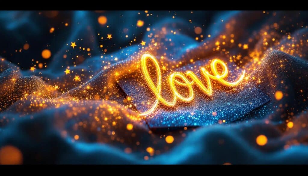 The word "love" glows in bright orange script, surrounded by sparkling lights and soft, dark blue fabric—a perfect backdrop for confidence-building exercises.