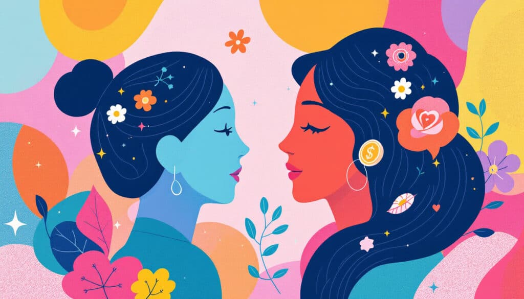 A colorful illustration features two stylized women facing each other, surrounded by flowers and abstract shapes, with contrasting blue and pink hues. This whimsical scene offers a fun visual fund of creativity.