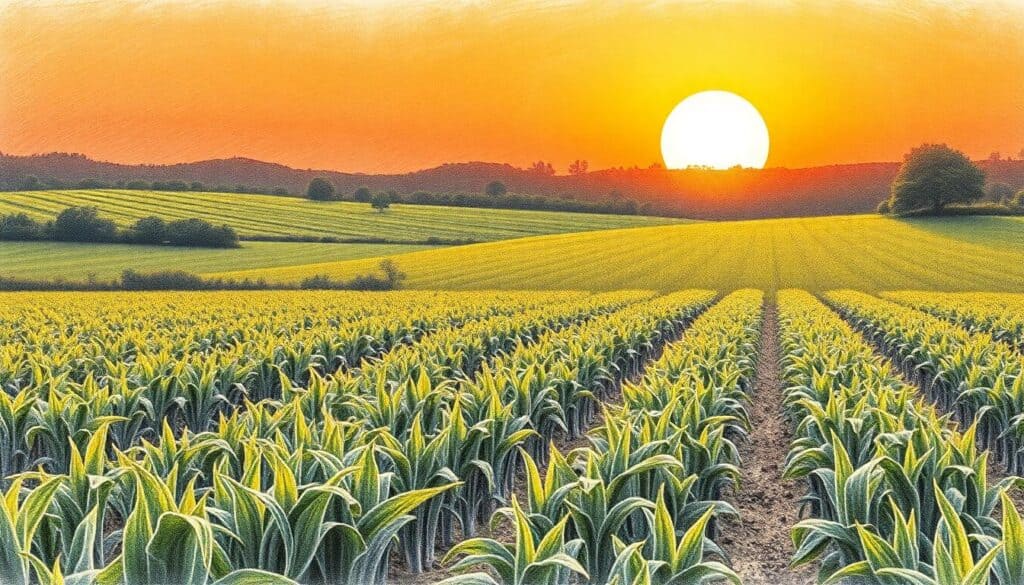 As the sun sets over the vast cornfield, casting an orange glow against the rolling hills, it beautifully mirrors the pillars of financial well-being—steady, nurturing growth promising a fruitful future.