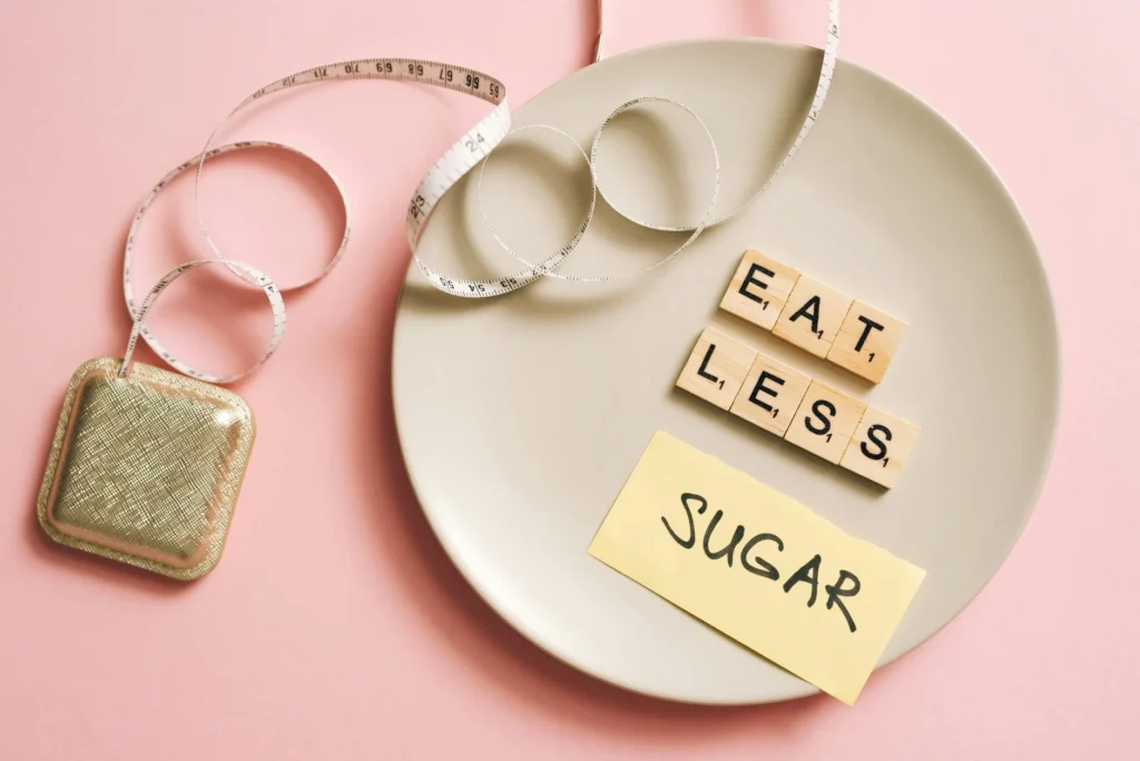 A plate with "Eat Less" in wooden tiles, a "Sugar" note, a tape measure, and a metal square object on a pink background.