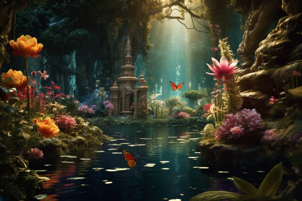 A fantasy scene with flowers and butterflies in a pond.