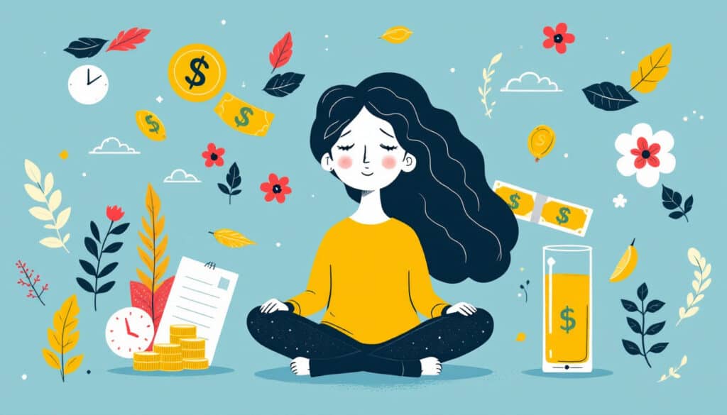 Illustration of a woman meditating amidst floating dollar symbols, clocks, leaves, flowers, and a glass of juice on a blue background.