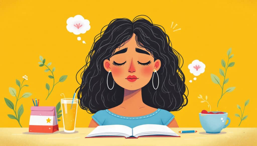 Illustration of a woman with curly hair sitting at a desk with an open book, a drink, pencil holder, and a cup of berries. She appears thoughtful, with a yellow background and floral accents.