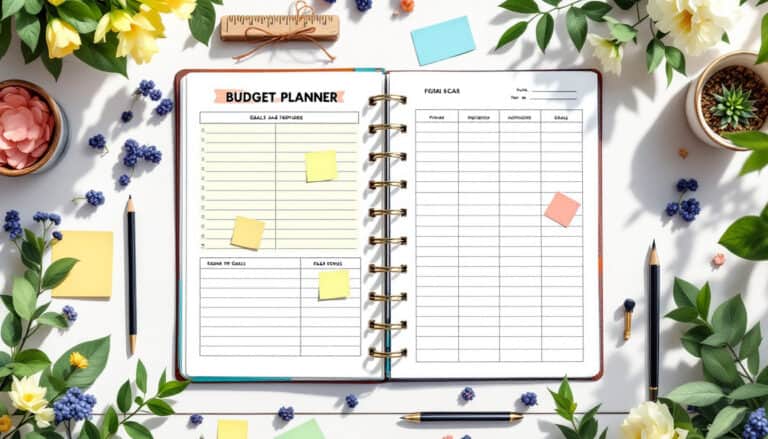 Open budget planner with sections for goals, savings, payments, and more. Surrounded by flowers, sticky notes, a ruler, and pens on a bright surface—perfect for learning how to create a budget efficiently.