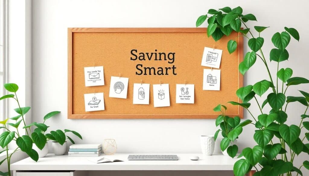 A corkboard with "Saving Smart" and six finance-themed illustrations is prominently mounted above a stylish white desk adorned with lush plants and sleek decorative items, creating an inspiring space for smart saving strategies.