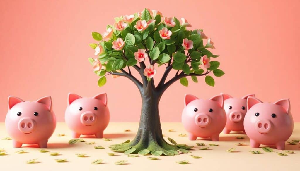 Five pink piggy banks surround a tree with green leaves and pink flowers on a pastel background, symbolizing the blossoming journey towards financial wellness.