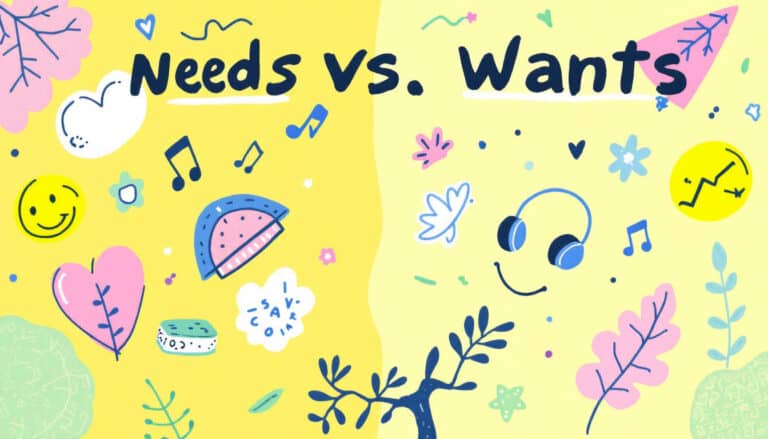 Colorful illustration with "Needs vs. Wants" text. Includes musical notes, headphones, a watermelon slice, leaves, a smiley face, and other playful doodles.