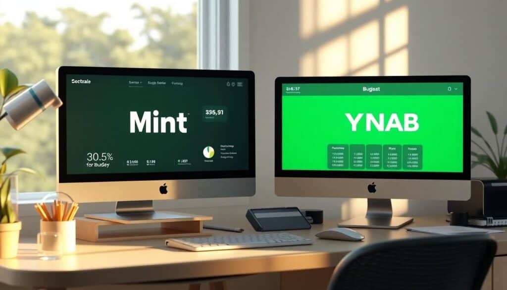 Two computer screens display financial management tools, one showing "Mint" and the other "YNAB," reflecting a self-care approach to budgeting. A desk lamp, plants, and a keyboard are also visible on the wooden desk.