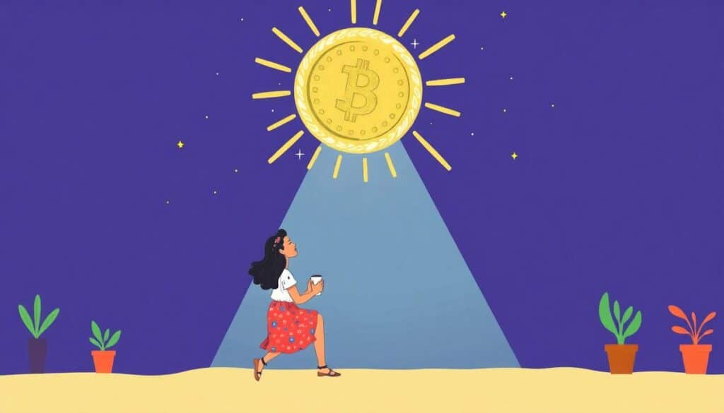 A woman walking with a cup looks up at a large shining Bitcoin symbol in the sky, resembling the sun, against a purple background, imagining her fun fund growing brighter with each step.