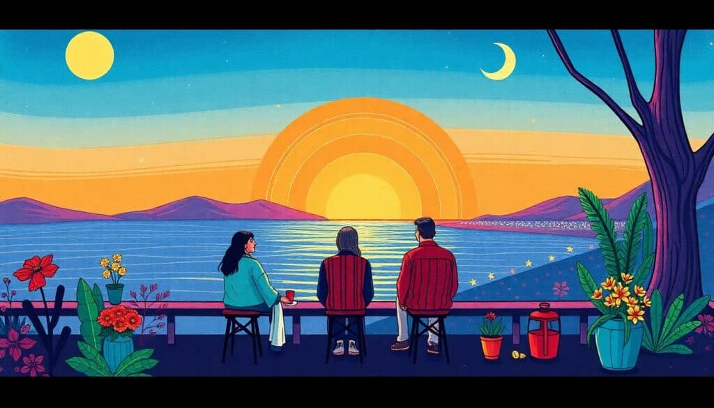 Three people sit on chairs facing a vibrant sunset over a lake, surrounded by plants and flowers, with a tree on the right. It's the perfect setting for reflection or even planning a fun future—maybe setting up a travel fund while enjoying the sun and moon in the colorful sky.