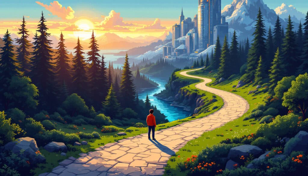 A person enjoys a moment of financial wellness and self-care, walking on a stone path through a serene forest toward a distant city with skyscrapers, all under the embrace of a vibrant sunset sky.