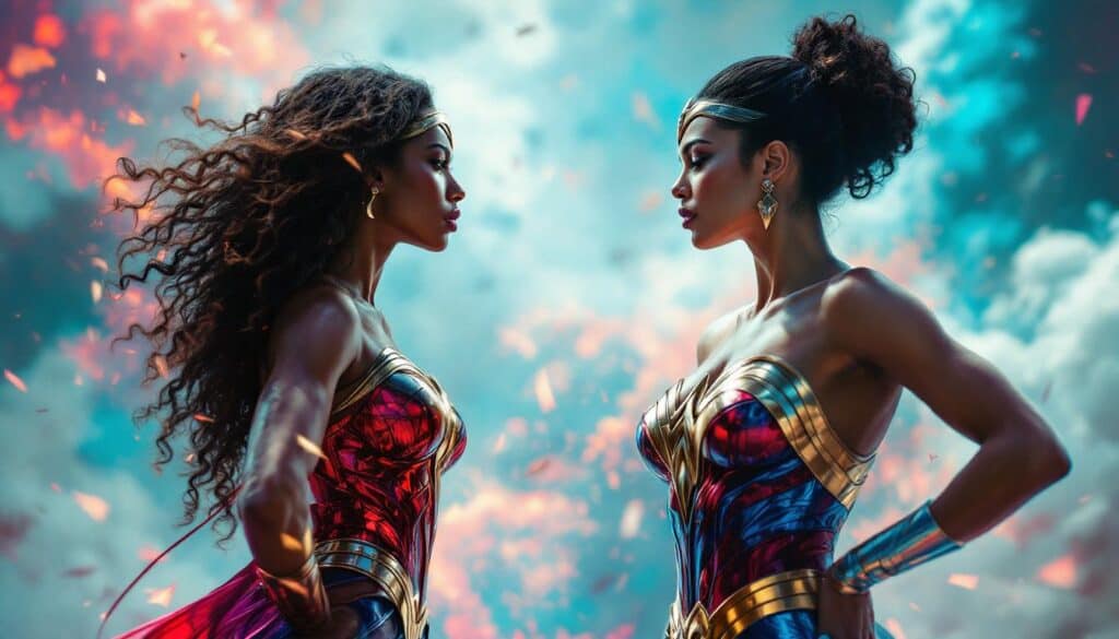 Two women in elaborate superhero costumes stand face-to-face with serious expressions against a dramatic, smoke-filled background, embodying the power of confidence-building exercises through their striking presence.