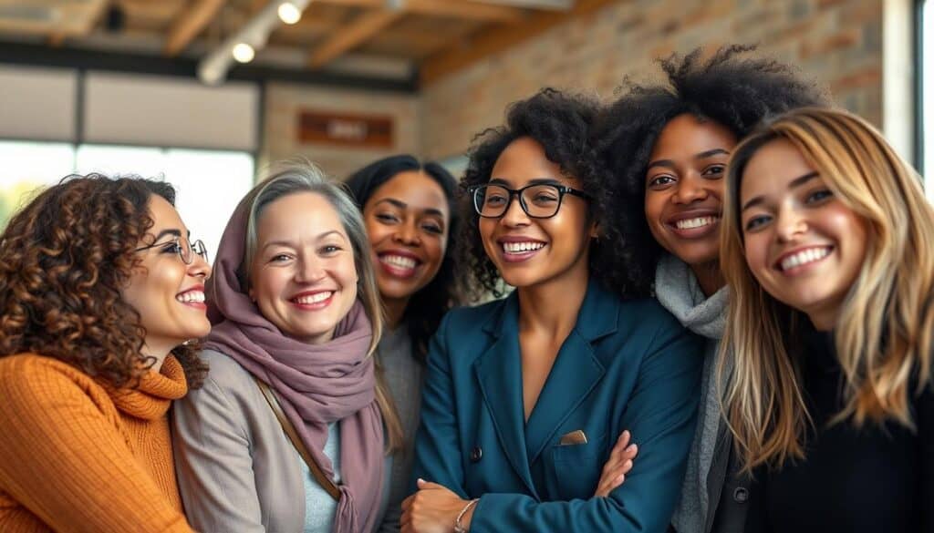 A group of six women smiling together in a bright room with an exposed ceiling, clearly having fun as they enjoy each other's company.