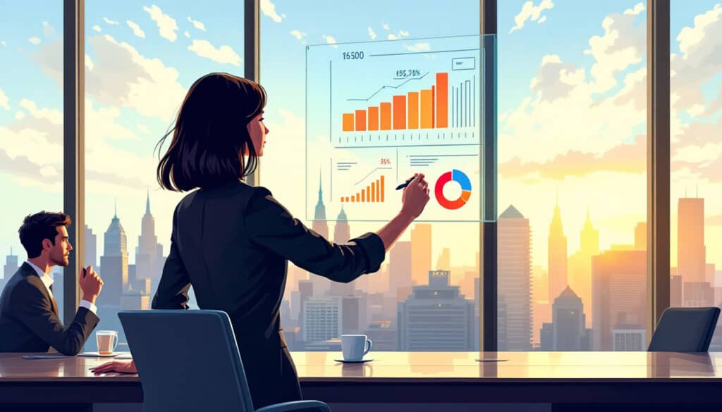 A woman in a boardroom presents bar and pie charts on a transparent screen, illustrating financial stability, while a man listens. The city skyline is visible through the large windows at sunset.