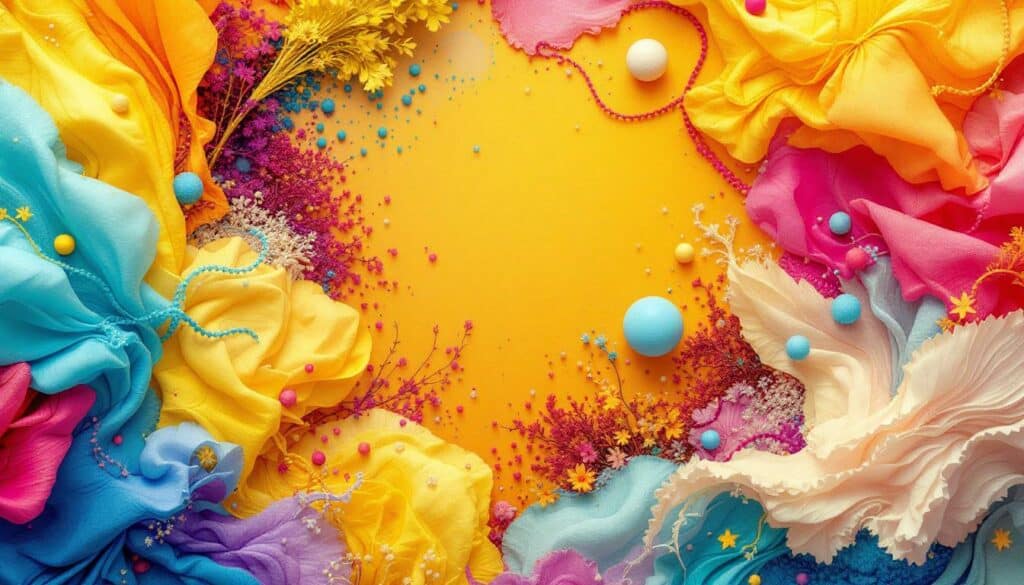 Colorful fabrics and decorative elements—flowers, beads, and textured materials—frame a bright yellow background in a circular arrangement, perfect for inspiring confidence-building activities.