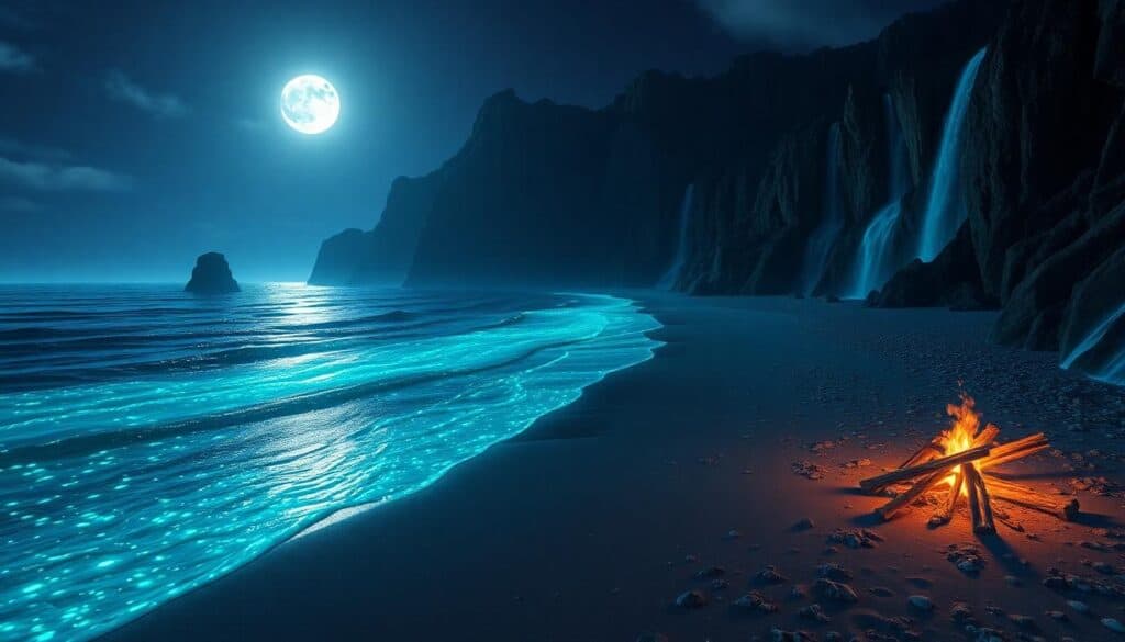 A moonlit beach scene with glowing waves, a distant waterfall, and a small campfire on the sand creates tranquility akin to achieving financial wellness.