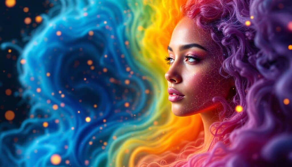 A woman with vibrant, colorful hair gazes to the side, surrounded by swirling clouds of blue, yellow, and orange—reflecting the energy and inspiration found in confidence building activities for adults. Glowing particles shimmer in the background.