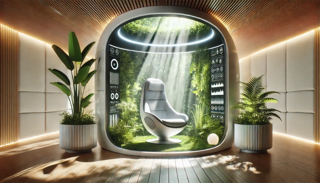 A futuristic room designed for self-care, featuring a sleek chair surrounded by lush plants, sunlight streaming through a circular skylight, and digital interfaces on transparent panels.