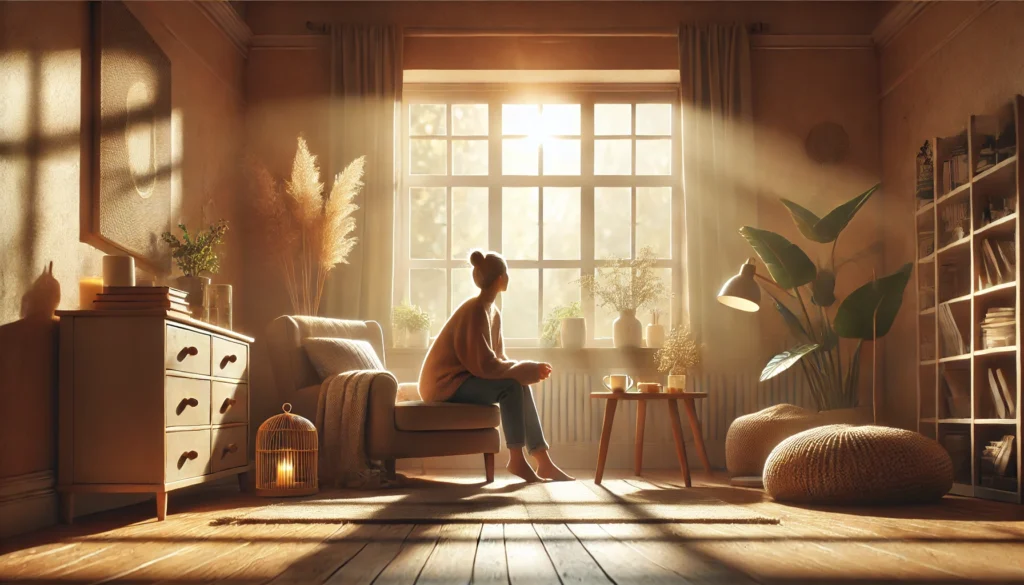 A person practices self-care, sitting on a chair in a sunlit room with large windows, surrounded by plants, a lamp, and cozy furnishings.