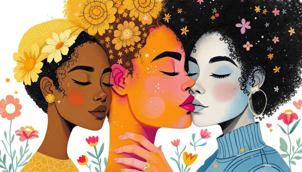 Three illustrated women with floral themes embrace against a colorful background with flowers.