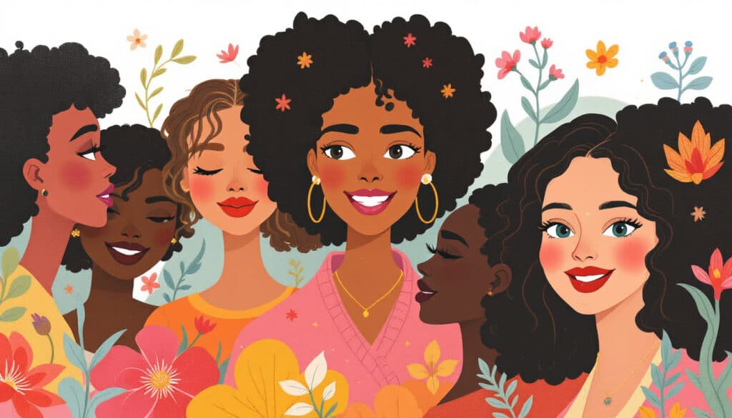 Illustration of six diverse women with various hairstyles and floral patterns surrounding them, all smiling against a white background.