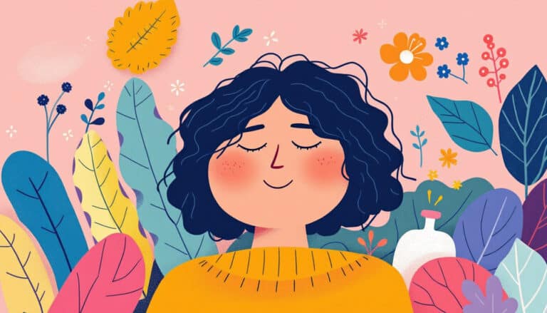 Illustration of a person with curly hair, closed eyes, and a content expression, surrounded by colorful leaves and flowers on a pink background.