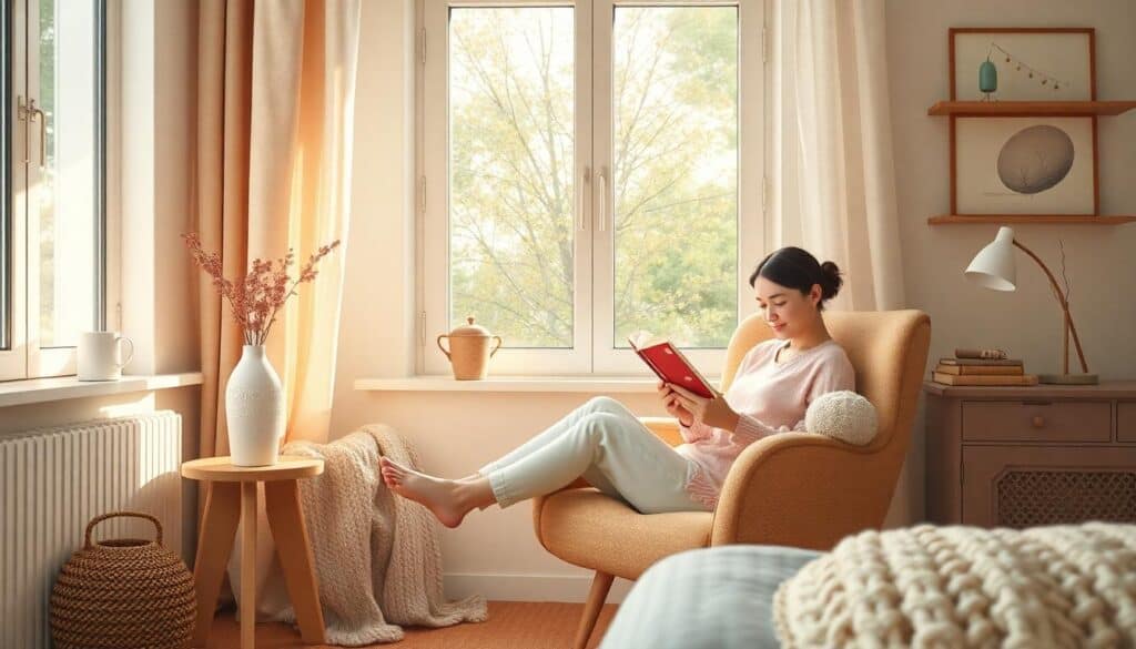 A woman indulges in self-care, reading a book in a cozy room with soft lighting. She’s nestled on an armchair by the window, surrounded by neutral decor, plants, and a woven basket—a perfect budget-friendly retreat.