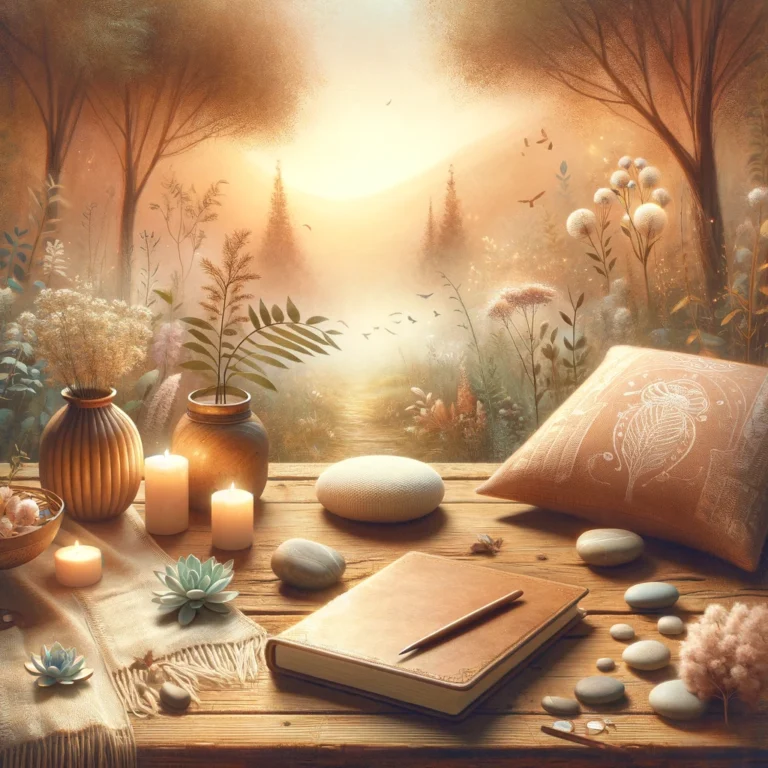 Serene setting featuring a journal, meditation cushion, trees and soft candlelight evoking a sense of calm.