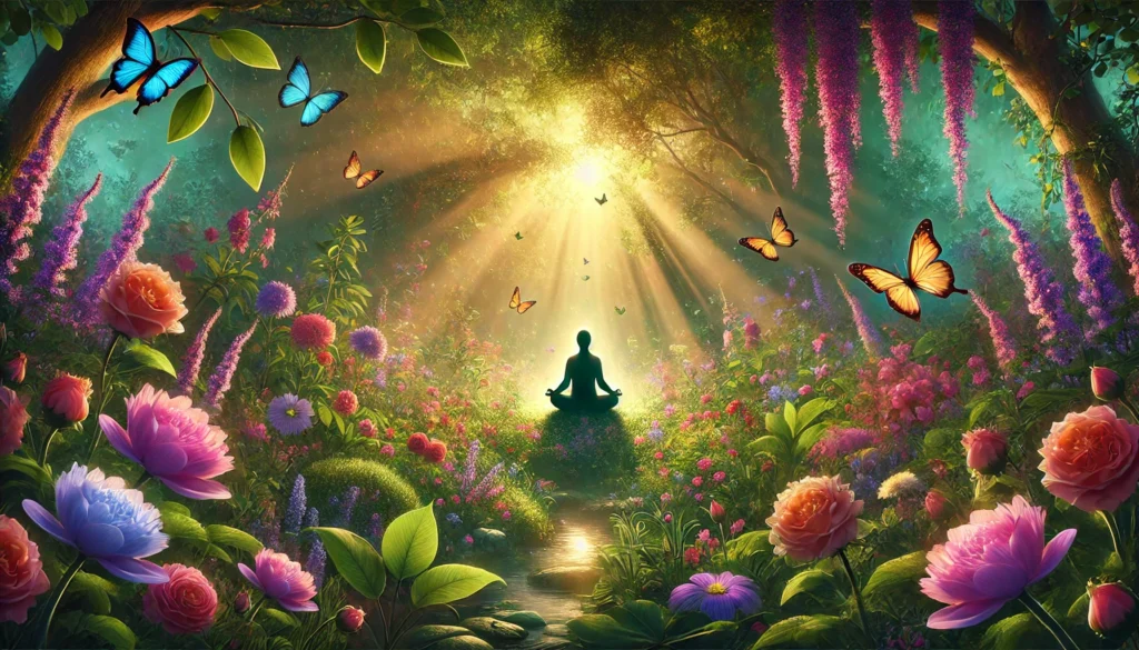 In a sunlit, vibrant garden, a person meditates surrounded by flowers, trees, and butterflies, embracing the journey of loving myself.